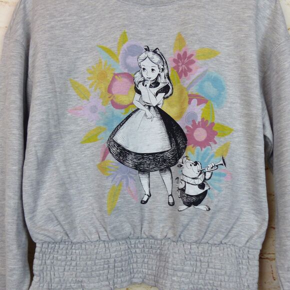 Disney Alice in Wonderland Sweatshirt Women L Gray Floral Graphic Crew Pullover - Picture 2 of 8
